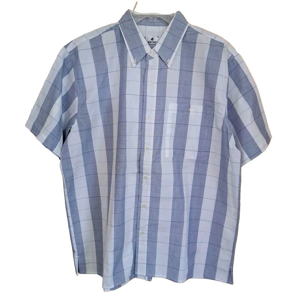 Jockey Shirt Men's XL Button Up Blue White Windowpane Shortβ Sleeve Cotton Blend